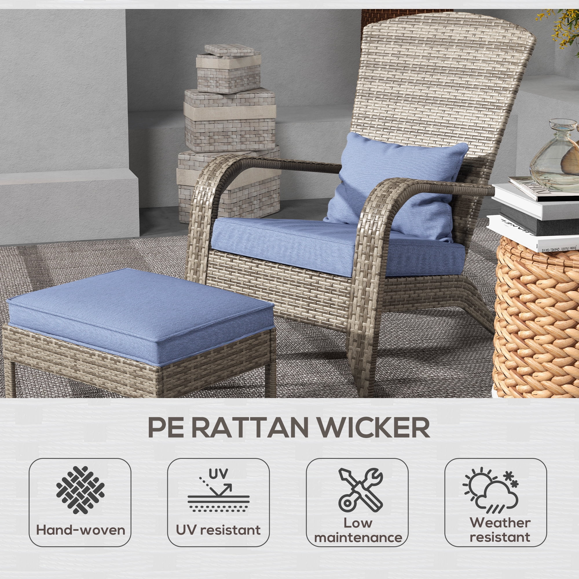 Comfortable,Soft Upholstered Cushions and Footstools,Patio Wicker Adirondack Chair with Ottoman,Outdoor Fire Pit Chair with Cushions, High-Back,Large Seat & Armrests for Deck,Garden & Backyard,Gray
