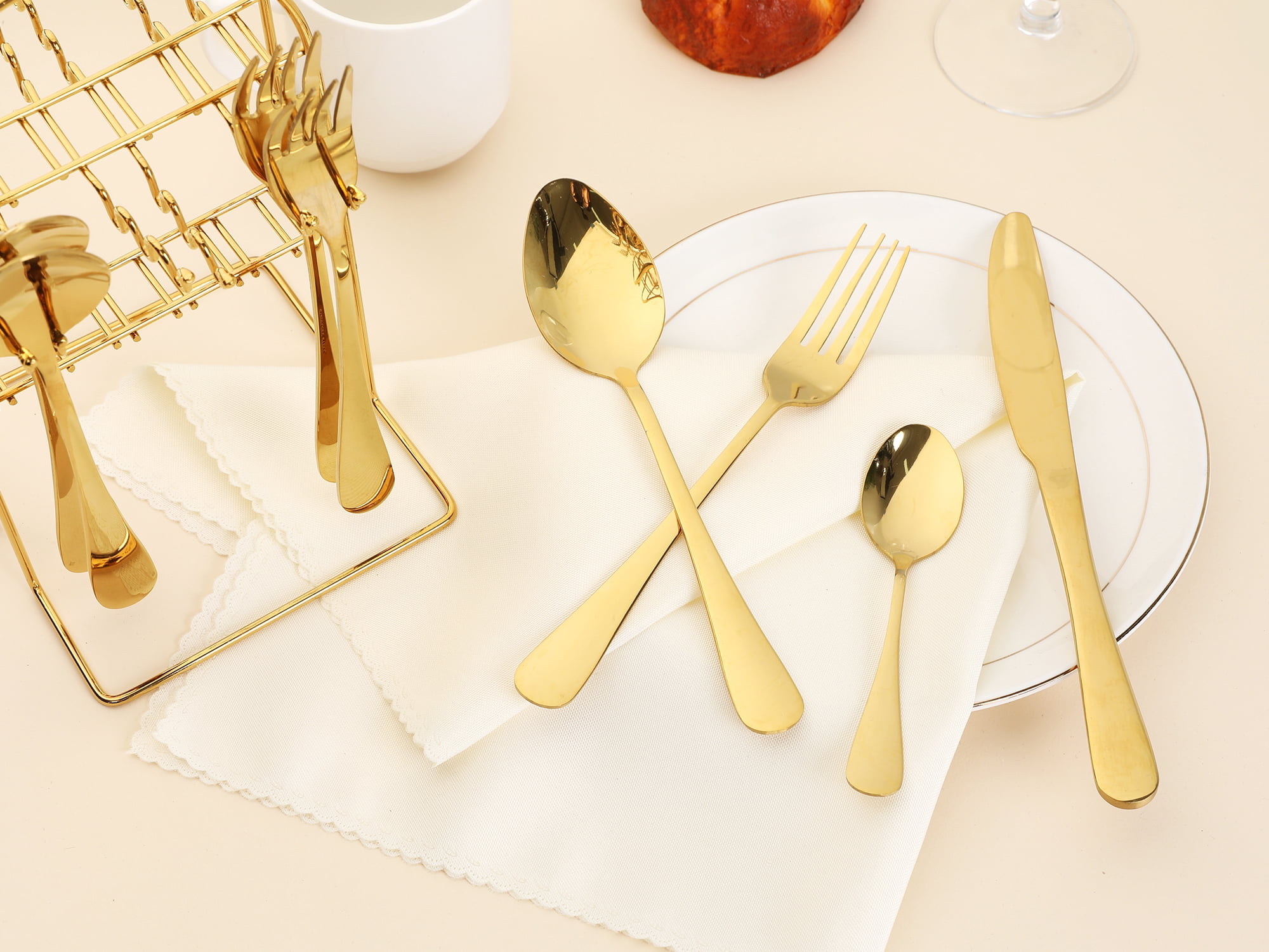 Unique Bargains 24 Pcs Stainless Steel Flatware Set with Supporting Shelf Gold
