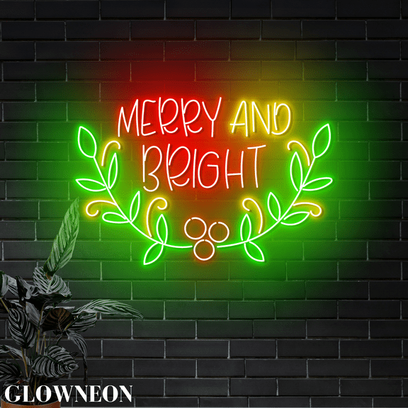 Glowneon Merry And Bright Led Sign For Christmas Decor, Xmas Wall Art