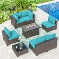 thumbnail image 4 of ALAULM 8 Pieces Outdoor Patio Furniture Set with Propane Fire Pit Table Outdoor Sectional Sofa Sets Patio Furniture 43" Gas Fire Pit Brown PE Rattan Patio Conversation Set w/6 Cushions, Blue, 4 of 9