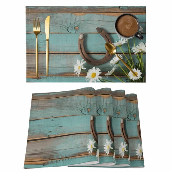 Placemats 1 Pack, Daisy Flower Woven Placemat, Linen Place Mats for Kitchen/Dining Tables, Vintage Horseshoes Farmhouse Wooden Grain Teal Washable Table Mats for Party