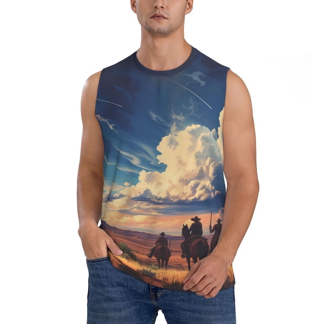 Fotbe Western Desert Cloud Cowboy Men's Camiseta sin Mangas Estampada para Hombres, Playera Casual para Gimnasio, Entrenamiento, Playa-3X-Large
