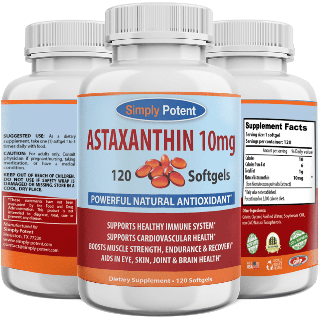 Simply Potent Astaxanthin 10mg Supplement — 120 Softgels (4 Month Supply) | Natural Algae Antioxidant for Eye, Joint, Skin, Heart & Brain Health | Non-GMO, Gluten Free