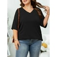 thumbnail image 6 of Mengpipi Womens Plus Size V-Neck Ribbed Knit Top Casual Loose Fit Half Sleeve T-Shirt 1X-5X, 6 of 7