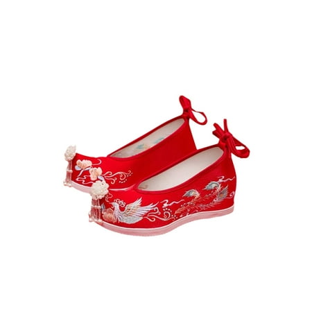

Tenmix Womens Bridal Shoe Embroideried Hanfu Shoes Chinese Style Flats Traditional Women Comfort Non-slip Red Hidden Wedge 4.5