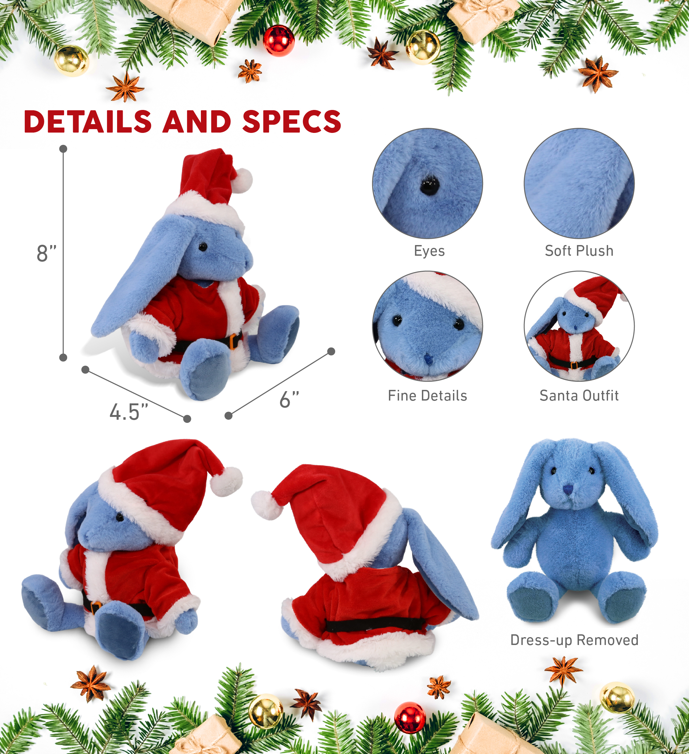 DolliBu Santa Baby Blue Rabbit Stuffed Animal Plush Toy - Super Soft Dress Up with Red Santa Claus Outfit, Cute Farm Life Rabbit Gift Perfect Holiday Christmas Gift - 8 Inches