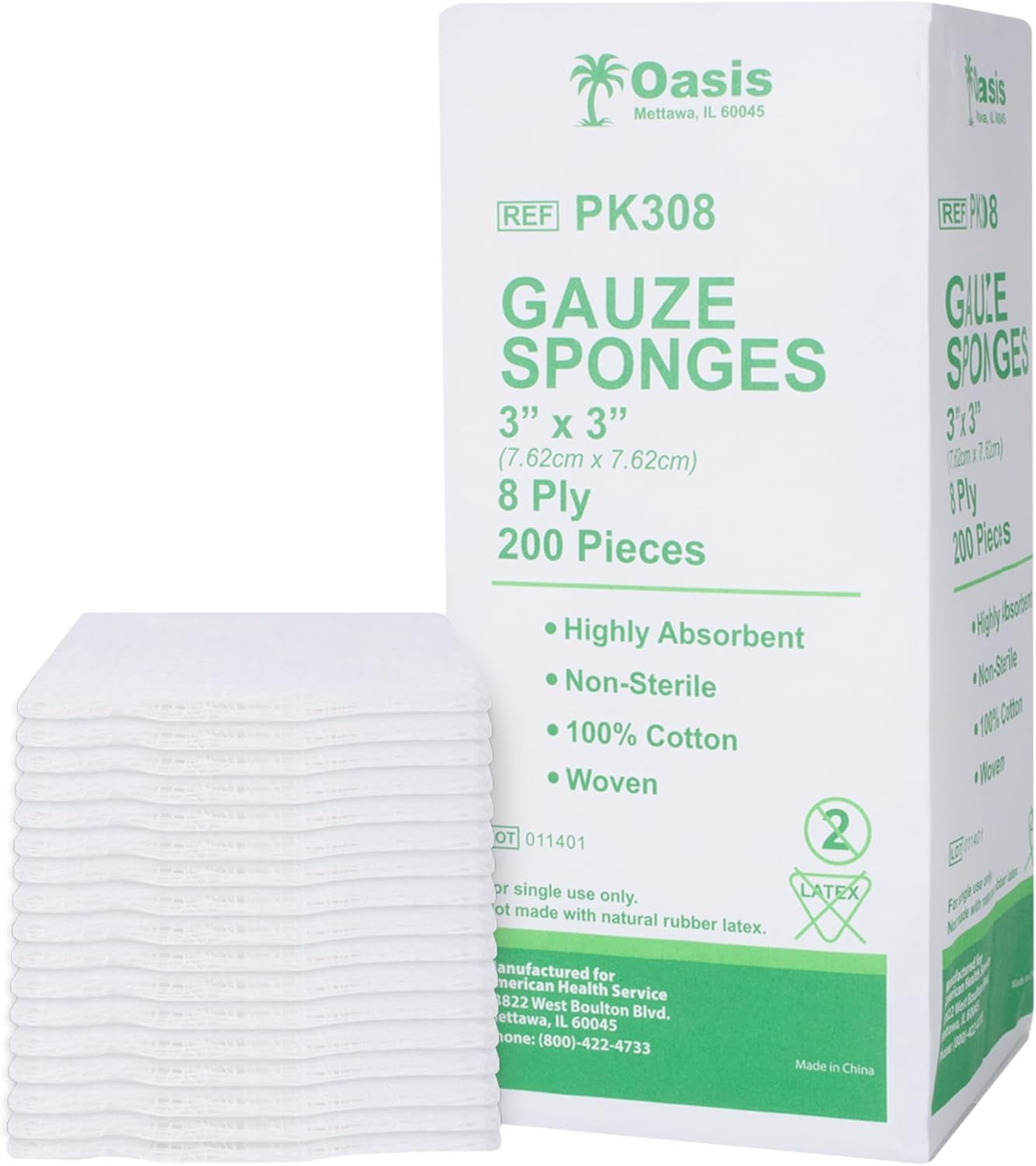Oasis 3 x 3 inch Gauze Sponges, 100% Cotton, 8-Ply Woven Non-Sterile Gauze, 1 Case of 4000 (20 Packs of 200)