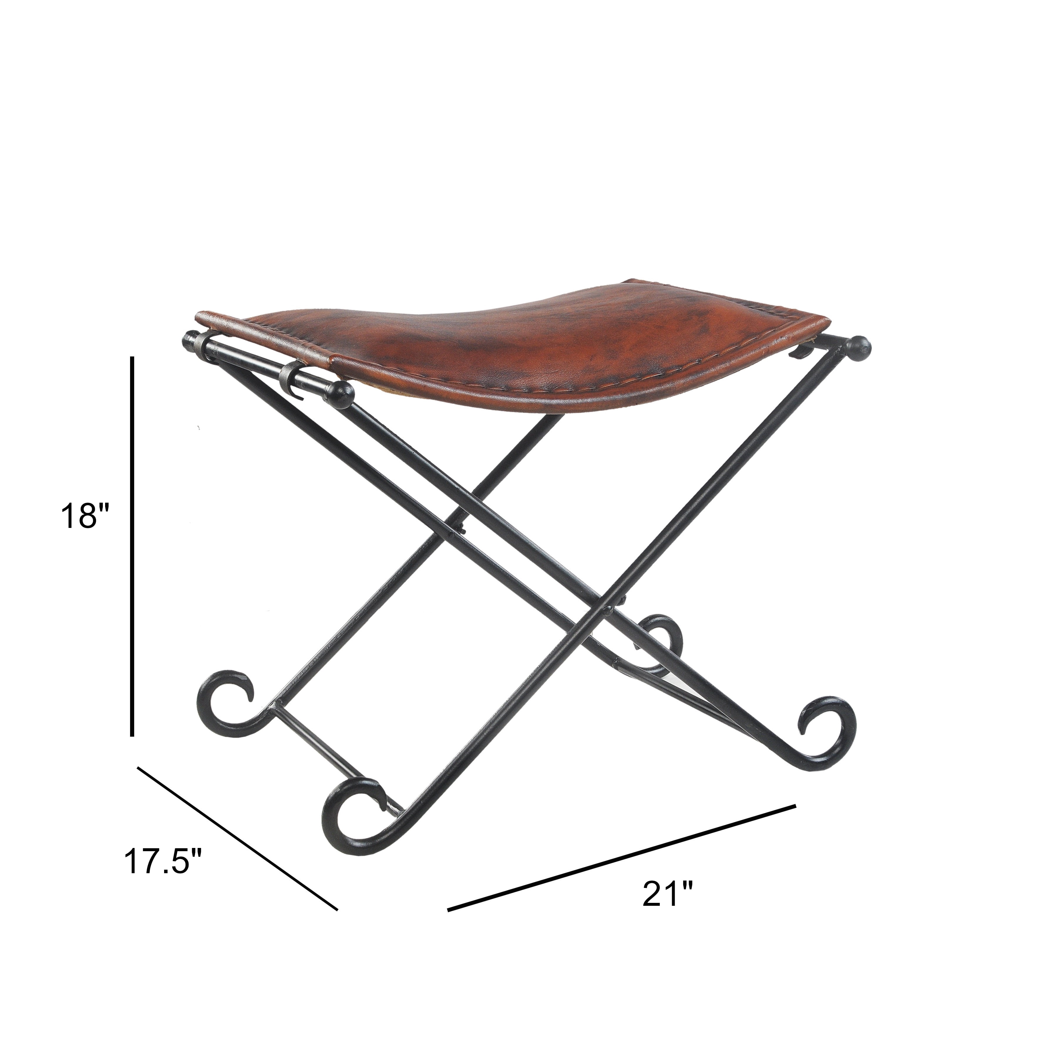 Ox Bay Bree Rustic Lodge Leather and Metal Portable Seating Stool, Brown/Black
