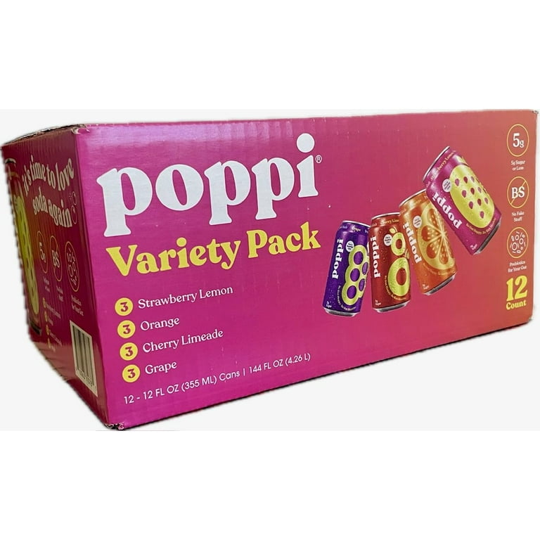 Poppi Prebiotic Soda Variety Pack (Strawberry Lemon, Orange, Cherry Limeade, Grape) 12 Count