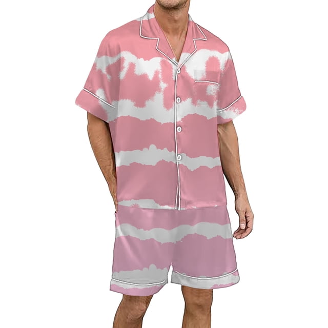 Men's Gradient Printed Satin Short Sleeve Button Up Pajama Loungewear Set for Comfortable Sleep and Relaxation at Home