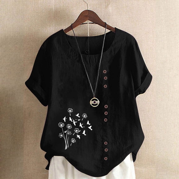 CLOISE Short Sleeve Shirt Women Plus Size Tops Button Round Neck Casual Pullover Graphic Summer Blouses Black
