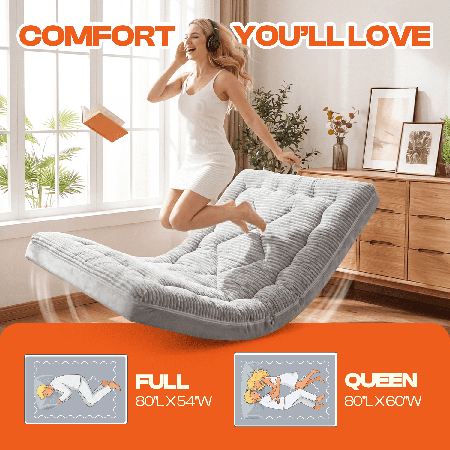 Japanese Futon Mattress, 6 Inch Double Layer Corduroy Floor Bed with High-Density Foam, Foldable Tatami Mat for Sleeping, Portable Guest Bed for Adults Kids Camping, Gray, Full Size