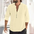 thumbnail image 2 of WREESH Mens Cotton Linen Shirts Fashion Low Cut Tops Classic V Neck Long Sleeve T Shirt Breathable Stretch Pullover Khaki, 2 of 6