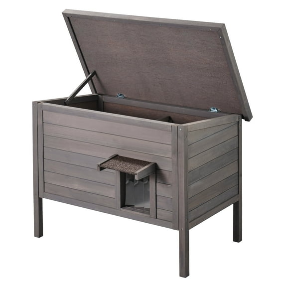 KFFKFF Cat Wooden Shelter 34"L x 22"W x 27"H, Weather-Resistant Outdoor Cat Home with Foam Insulation, Accessible Rooftop, PVC Door Curtains, Multi-Cat Refug for Small Animals