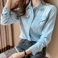 thumbnail image 6 of JIANJIA Blouses For Women Dressy Casual Linen Denim Solid Color Lapel Long Rolled Sleeve Jean Jacket Autumn Winter Tops Streetwear, 6 of 8