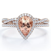 JeenMata Halo Pave Design - 1.5 Carat Teardrop Peach created morganite and Moissanite - Infinity Twisted Shank Wedding Ring Set - 18K Rose Gold Plating over Silver