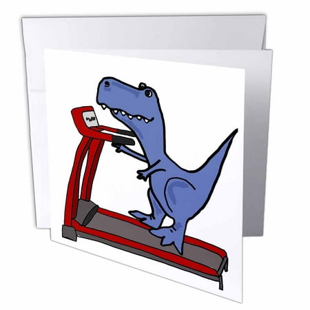 3dRose, Funny Cute T-rex Dinosaur on Treadmill Exercise Cartoon, 1 Greeting Card with envelope