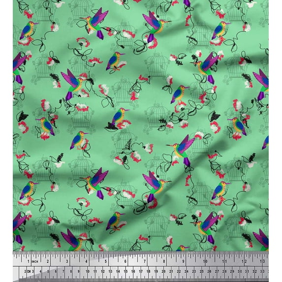 Soimoi Green Poly Georgette Fabric Clouds & Bird Fabric Prints By Yard 52 Inch Wide