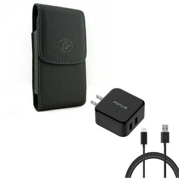 Black Leather Case w 30W 2-Port USB Quick Home Charger 6ft Type-C Fast Cable N1Q for Motorola Moto Z Force Droid G7 Power - OnePlus 6, 6T - Razer Phone 2 - Samsung Galaxy S9 , S8 