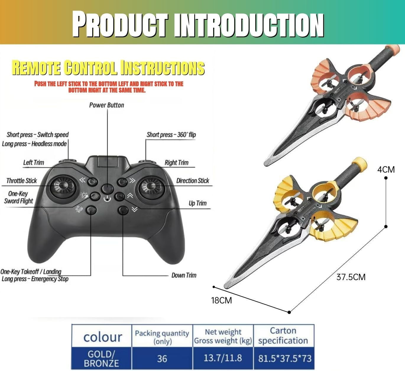 Flying Sword RC Glider with Autopilot - Remote Flying Sword& 3-Speed Stunt Control (Hand Wave/Controller Mode) Lightweight RC Airplane Gift for Teens and Adults - Gold (Handle Remote Control)