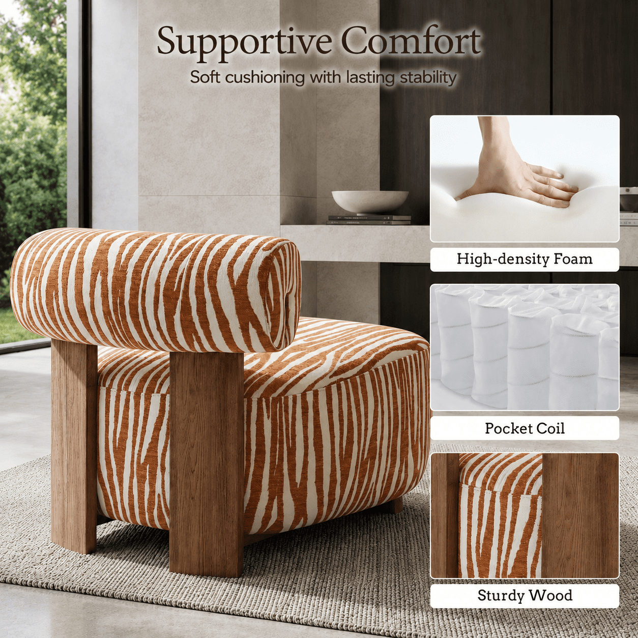 Aenkyo Zebra Stripe Chenille Accent Chair, 24 Inch Deep Seat Armless Chair, Rustic Orange