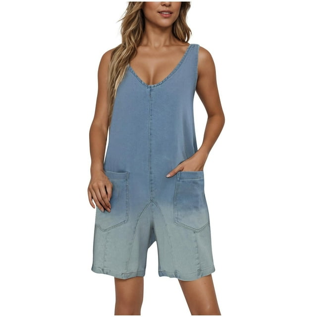 Économies d'Été! SROBPTY Shorts d'Été pour Femmes, Mode Décontractée avec Poches, Bretelles Réglables, Jeans Bleu Clair, L