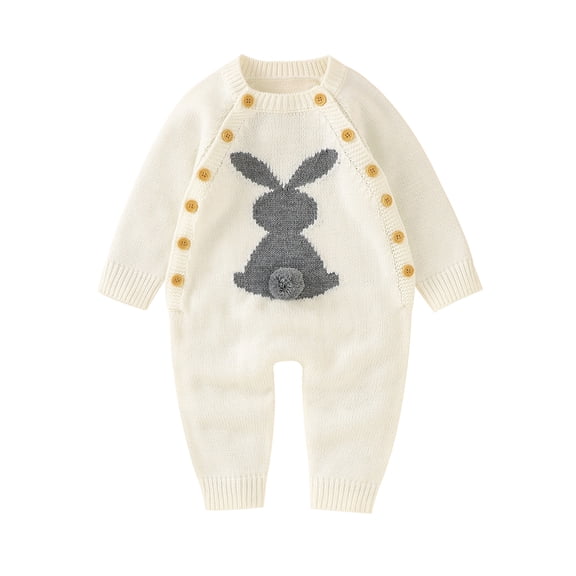 nvzhuang Infant Knitted Jumpsuit, Rabbit Pattern Round Neck Double-breasted Overalls, 0-24 Months