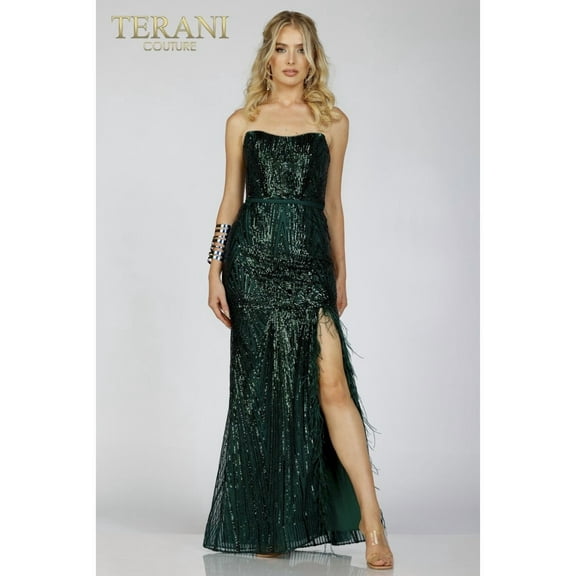 Terani Couture 231P0030 Sequin Feather Embellished Long Formal Prom 2026 Dress Emerald Green 16