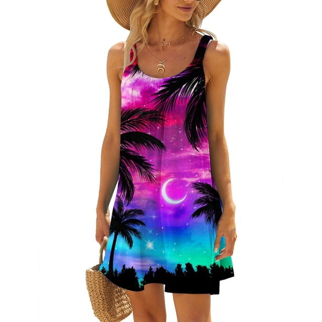 CEHVOM Robes d'Été pour Femmes 2024 Décontractées Grande Taille, Robe d'Été Aguichant à Imprimé Floral Mini Tendance Froncée Fluide à Jupe Évasée de Plage à Bretelles Spaghetti Sans Manches Robe Débardeur de Soleil