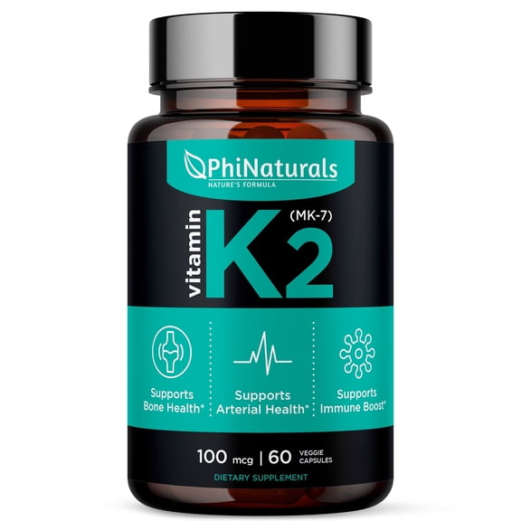 Vitamin K2 Mk7 100 mcg Vegan 60 Capsules by PhiNaturals - Bone Health Heart Cardiovascular Arteries - Vit k-2 MK-7 100mcg Supplement from Natto