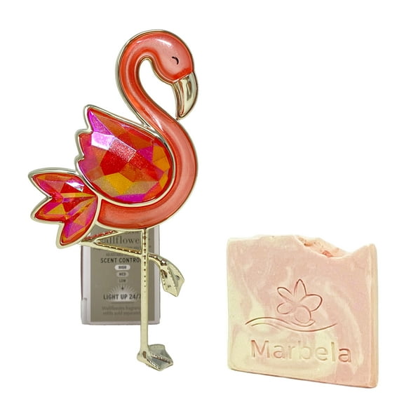 Bath & Body Works Faceted Flamingo Adjustable Wallflowers Scent Control Nightlight Fragrance Plug with a Marbela Himalayan Salts Springs Sample Bar Soap