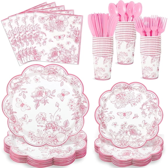 175 Pcs Pink Floral Plates and Napkins, 25 Guest Valentines Plates Scalloped Vintage Floral Party Supplies Include Toile Plates Napkins Cups Cutlery for Wedding, Bridal Baby Shower Tea Party