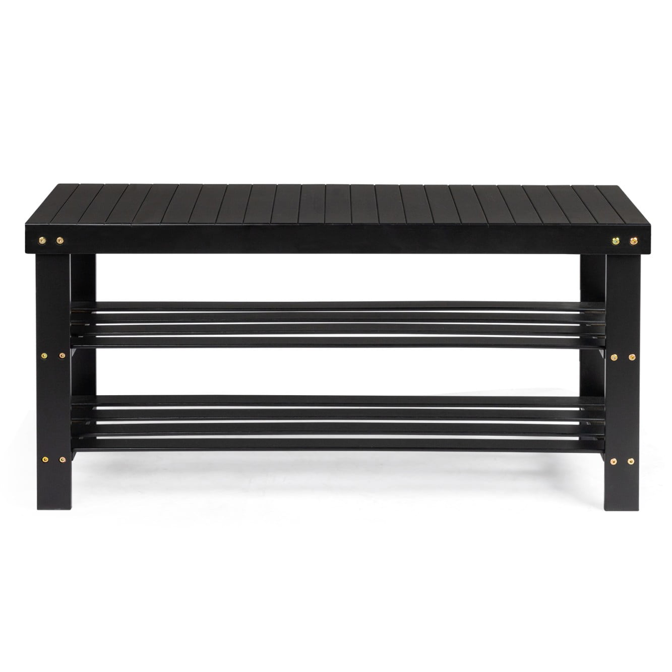 Tcbosik 35.43" Bamboo Bench, Modern 3-Tier Entryway Seat w/ Open Shelves, Easy Assembly, Black