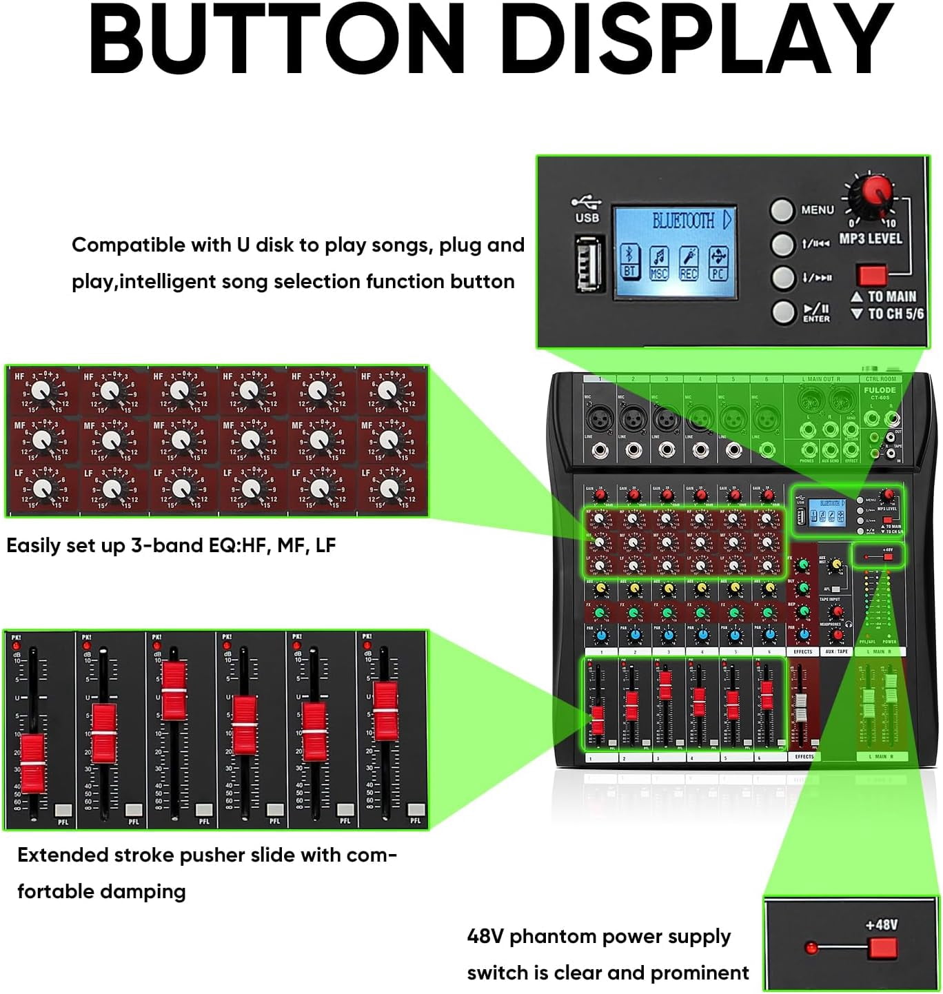 6 Channel Mixer Audio Console, CT-60S Professional Music Mixer DJ Mixing Board with Reverb Bluetooth MP3 Player 48V Phantom Power Supply USB Recording for Studio Karaoke Live Performance