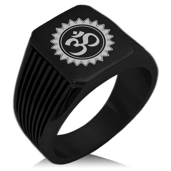 Stainless Steel Sacred Lotus Sanskrit Om Needle Stripe Pattern Biker Style Polished Ring