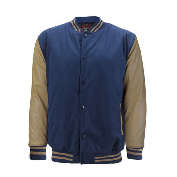 Men's Classic Snap Button Vintage Baseball Letterman Varsity Jacket (Navy Khaki, L)