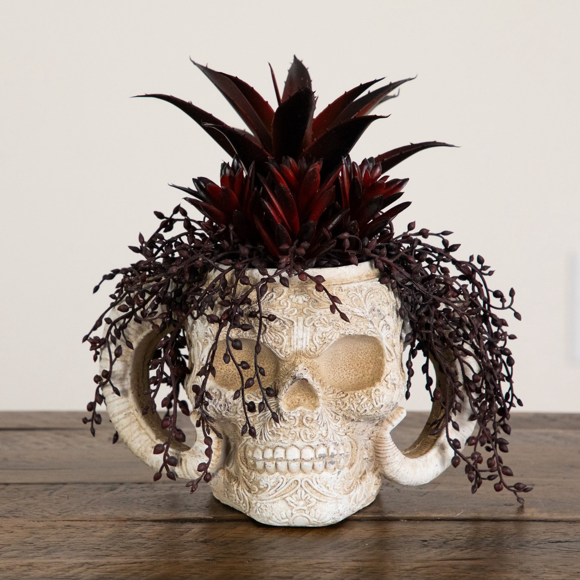 8in. Artificial Halloween Succulent Garden in Horned Skull Planter