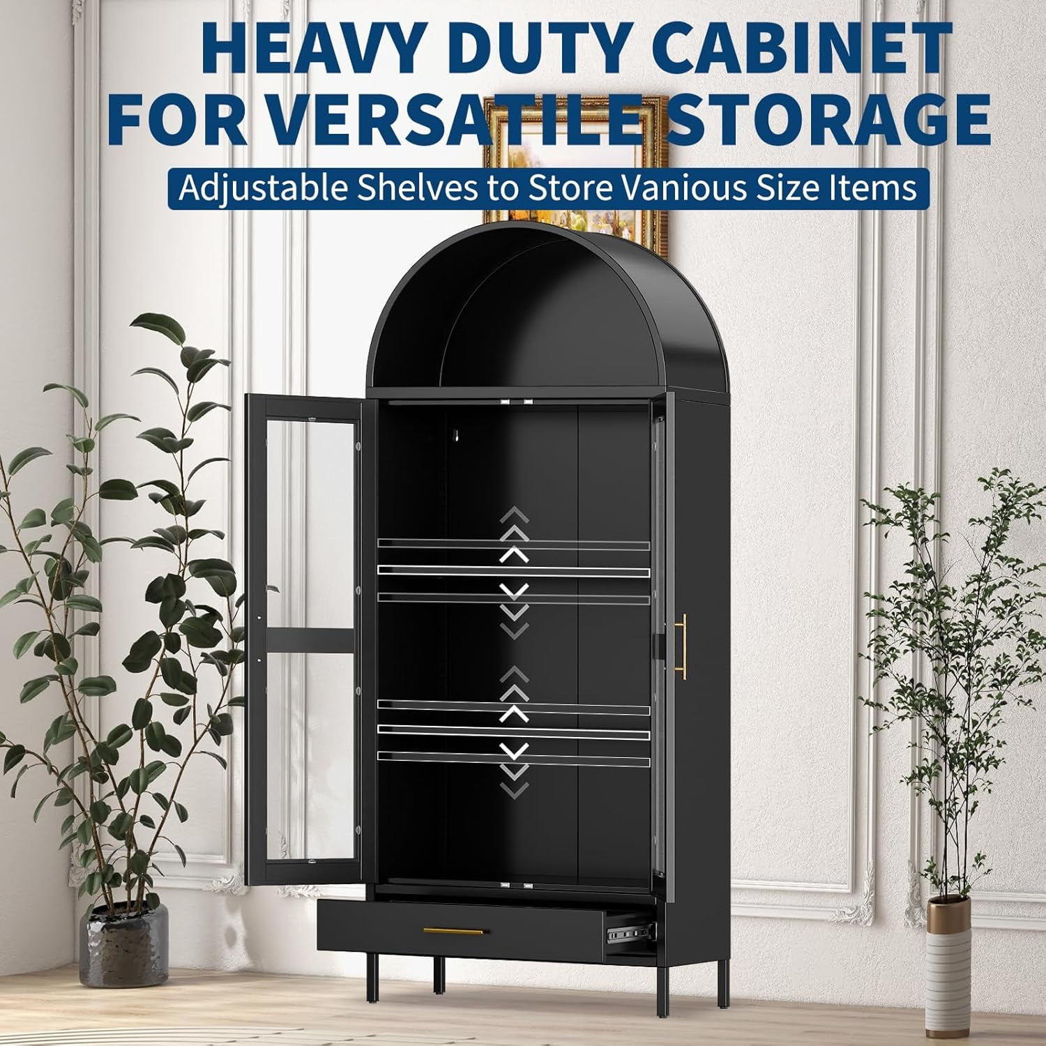 M optimized 73" Arched Pantry Cabinet with Glass Door, 2 Adjustable Shelves & Drawers, Modern Metal Bookcase, Freestanding Display Cabinet for Living Room Dinning Room, Black