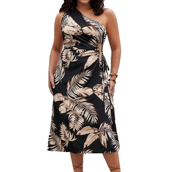 AURA Womens Plus Size One Shoulder Drawstring Printed Knit Midi Dress Black 1XL 3XL