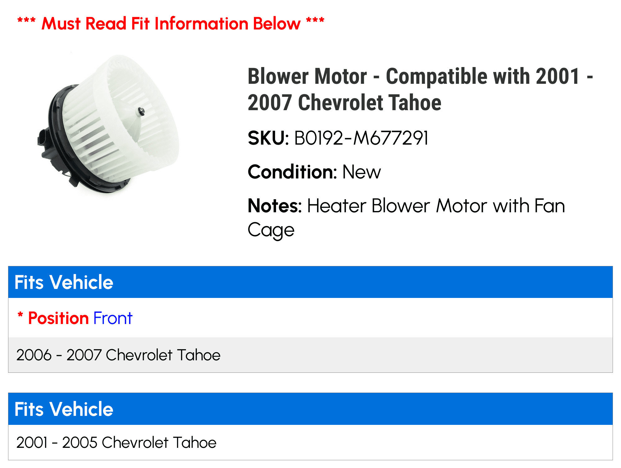 Blower Motor - Compatible with 2001 - 2007 Chevy Tahoe 2002 2003 2004 2005 2006
