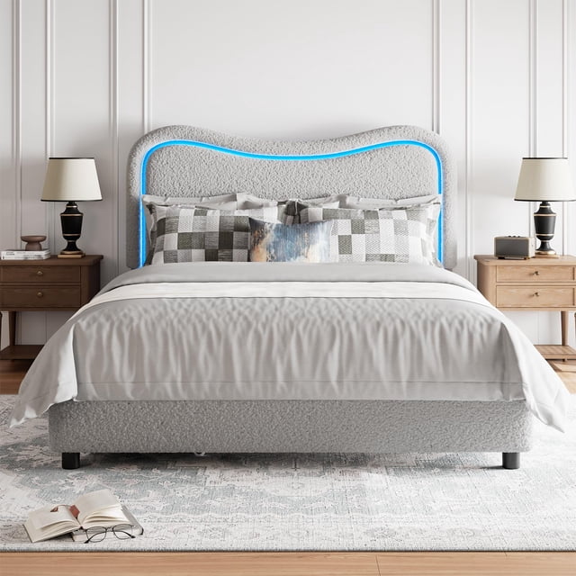 LED Bed Frame with 2 Drawers and Headboard, Cute Upholstered Bed with Storage, Sturdy Platform Bed, No Box Spring Needed, Wooden Slats, Noise Free, Grey,Full Size