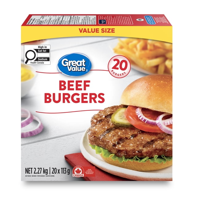 Format économique de burgers de bœuf surgelés Great Value 20 x 113 g, 2,27 kg