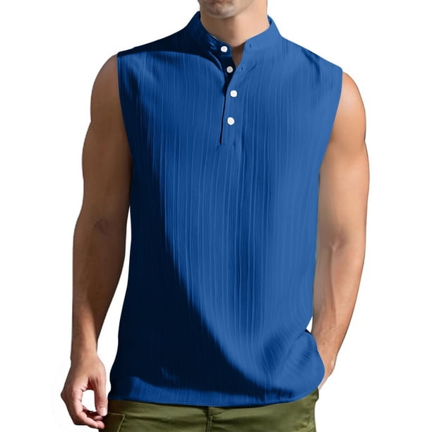 Camiseta de tirantes de cuello redondo de verano para hombre, semiabierta, sin mangas, informal, de color liso, sin mangas, con solapa y cuello de jardín.