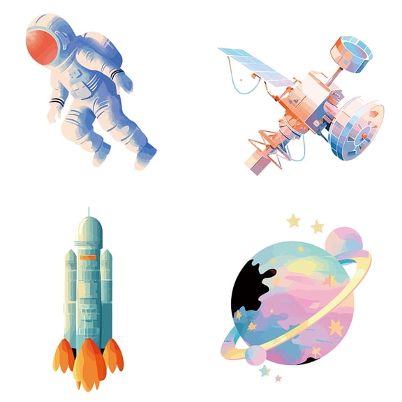 1 Set 4Pcs 6.3 Inch Outer Space Window Decals Astronaut Planets Rockets Solar System Window Stickers Removable Anti Collision Alert Glass Cling for Birds Party Bedroom Nursery Living Room Decor