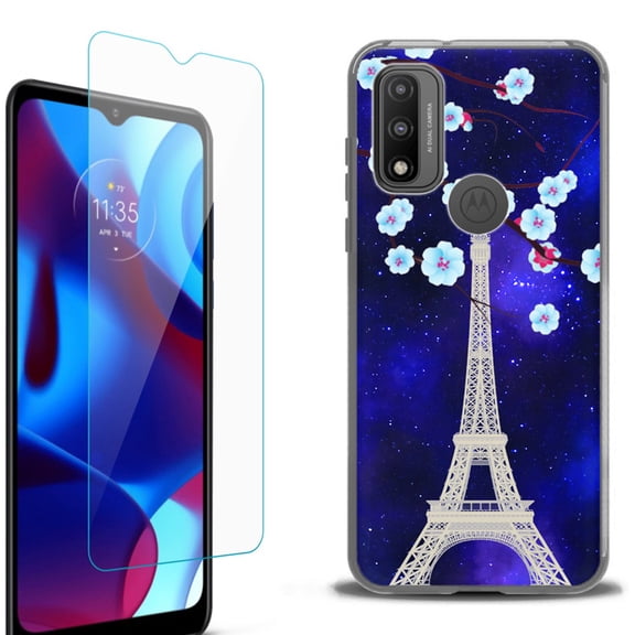 Slim-Fit Protective Phone Case (Black) compatible with Motorola Moto G Pure 5G, with Tempered Glass Screen Protector, by OneToughShield ® - Eiffel Tower Stars