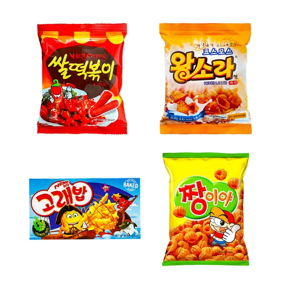 Journey of Asia "Seri's Choice KOREAN 4 Snack" Spicy Hot Rice Topokki, Jjangiya, Marine Boy, Shell shape Snack Treats for Kids, Children, College Students, Adult and Senior