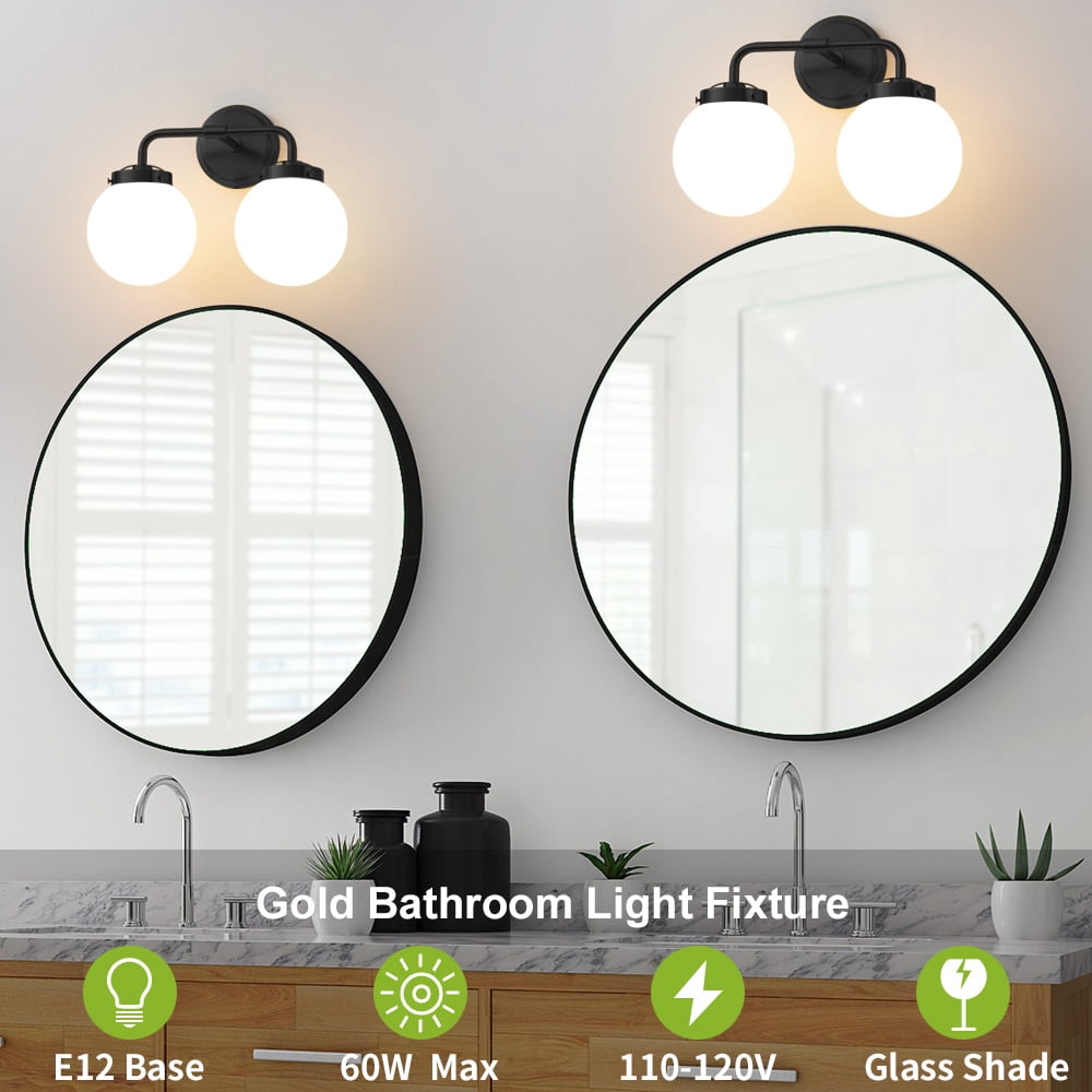 Deyidn 2-Light Modern Vanity Light, Black Bathroom Light Fixture with Milk White Glass Globes, 45 Inch Bathroom Wall Sconce for Mirror