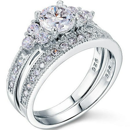 JeenMata Antique Art Deco 150ct Moissanite Wedding Set, 18K White Gold Over Silver