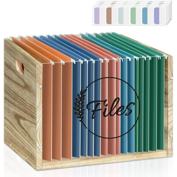 Clear Acrylic File Organizer Box, Wood Hanging Folder Organizer with Handle, File Document Paper Organizer Storage Bin Holder, Filing Cabinets for Home Office School with 20 Category Tags Letter Size
