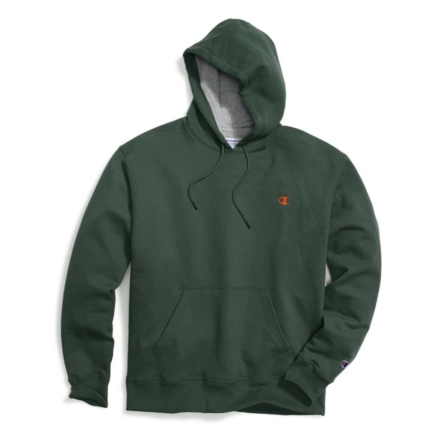 Champion Mens Powerblend Fleece Pullover Hoodie, L, Dark Green/Orange